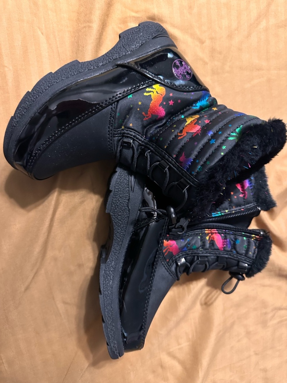 Totes Black Faux Fur Snow Boots with Rainbow Unicorns